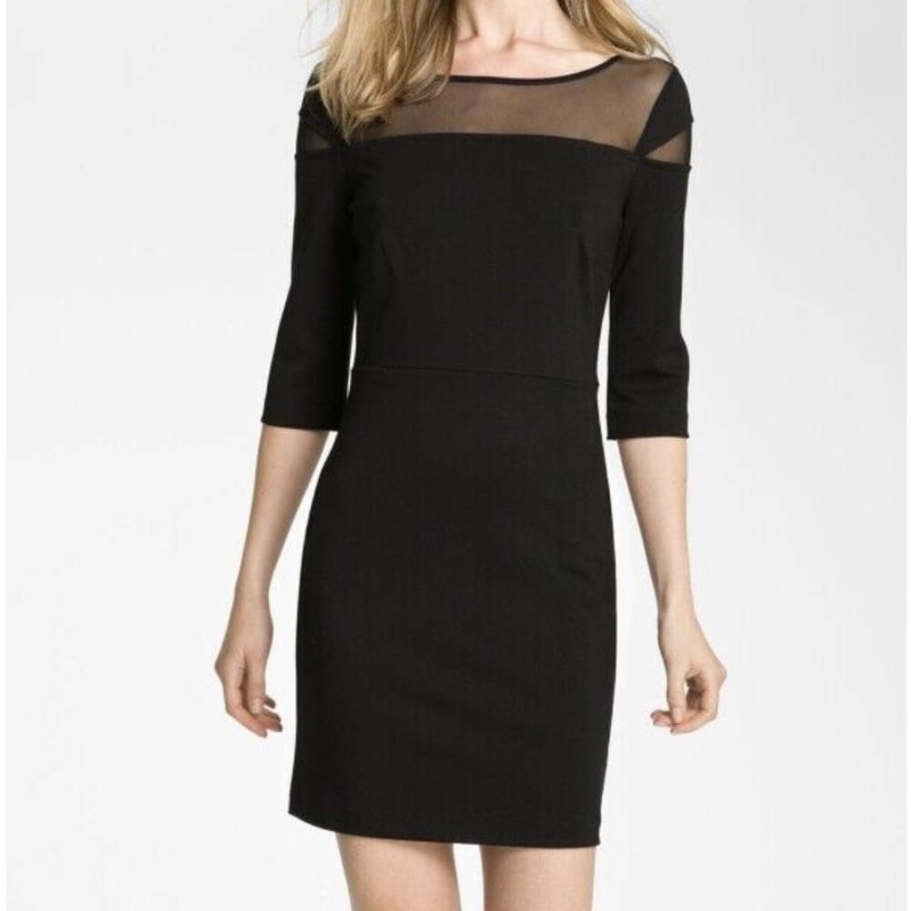 BB Dakota Black Mesh Yoke Ponte Sheath Dress 3/4 Sleeve  - Medium